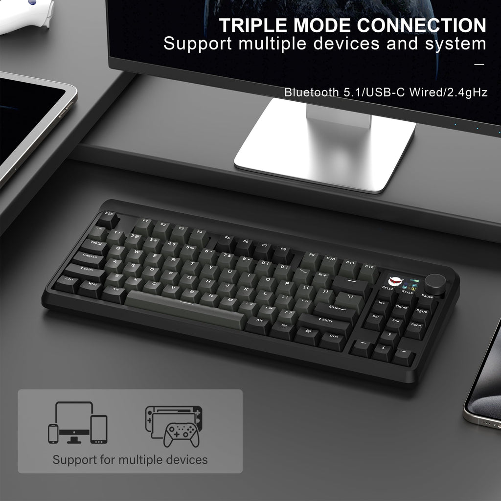 HITIME XVX Retro 75% Gaming Keyboard with TFT Smart Display&Knob, M87 Pro Bluetooth/2.4G/USB-C Wireless Mechanical Key Board