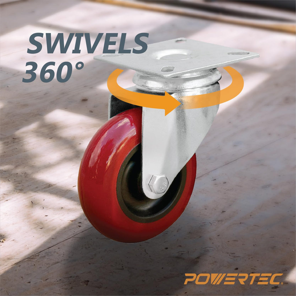 POWERTEC 3 Inch Swivel Caster Wheels Set of 4 with 640 lbs Loads, Heavy Duty Plate Casters, PU Castor Wheels for Furniture, Cart, Dolly and Workbenches (17206)