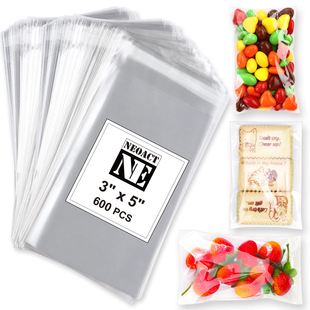 600 Pcs Small Cellophane Bags 3x5",Clear Resealable Cellophane,Self Sealing Bags for Candy Bakery Snacks Cookie Jewelry,Cello Bag for Party Decorative Gift