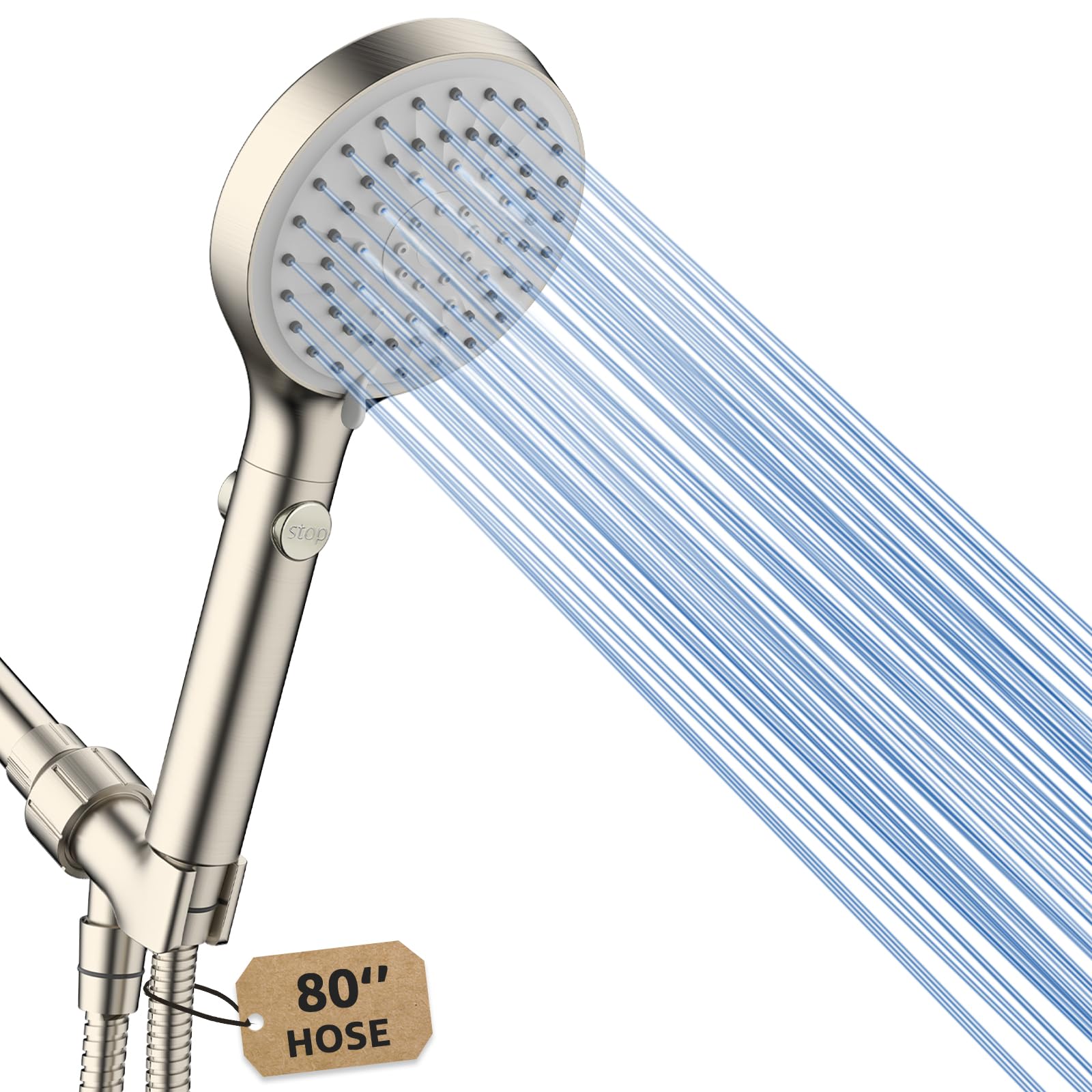 FASDUNT Shower Head with Handheld, High Pressure Handheld Shower Head with 80" Extra Long Stainless Steel Hose & Adjustable Bracket, Showerhead with ON/OFF Switch for Pets Bath, Brushed Nickel