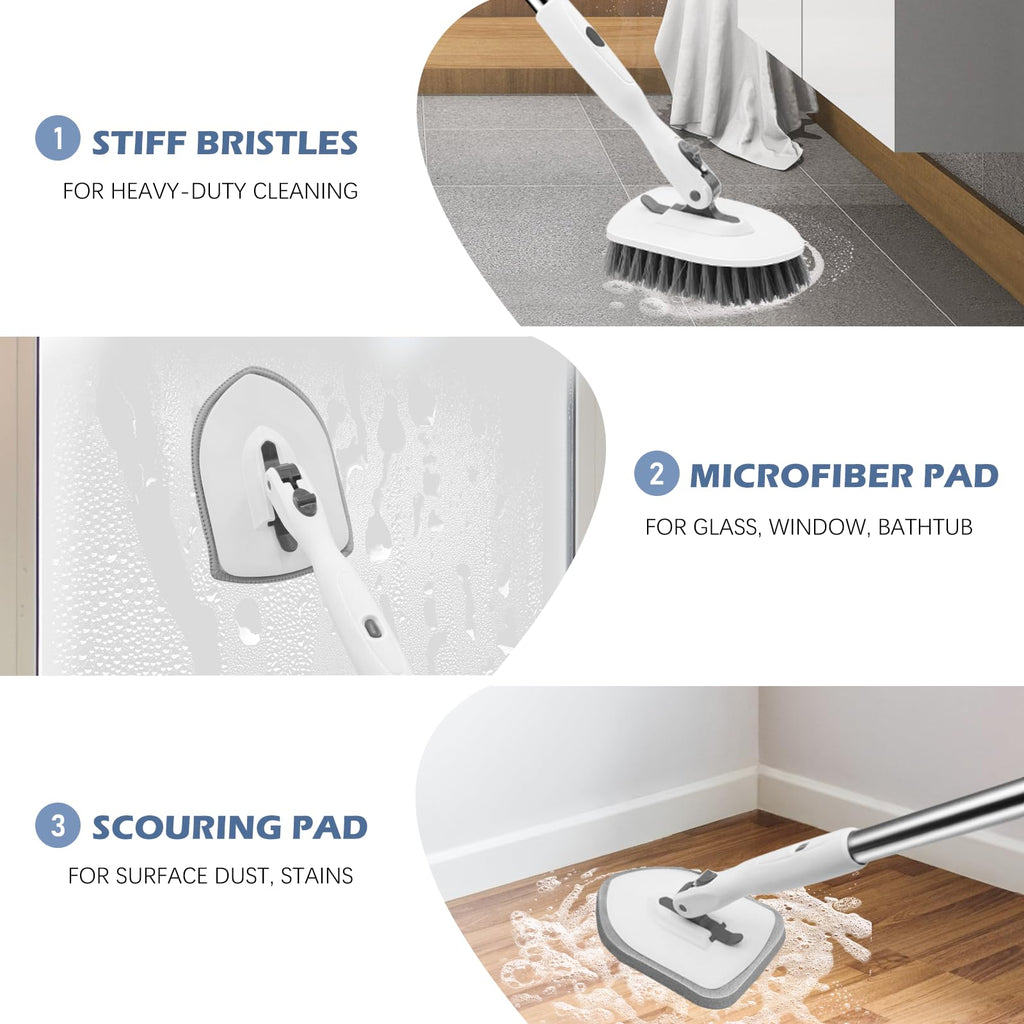 SetSail 4-in-1 Tile Tub Floor Scrubber with 52-inch Long Adjustable Handle Shower Cleaner Brush with V-Shaped Grout Brush and 3 Replacement Brush Heads for Bathroom Kitchen Walls Tub Tile, White Grey