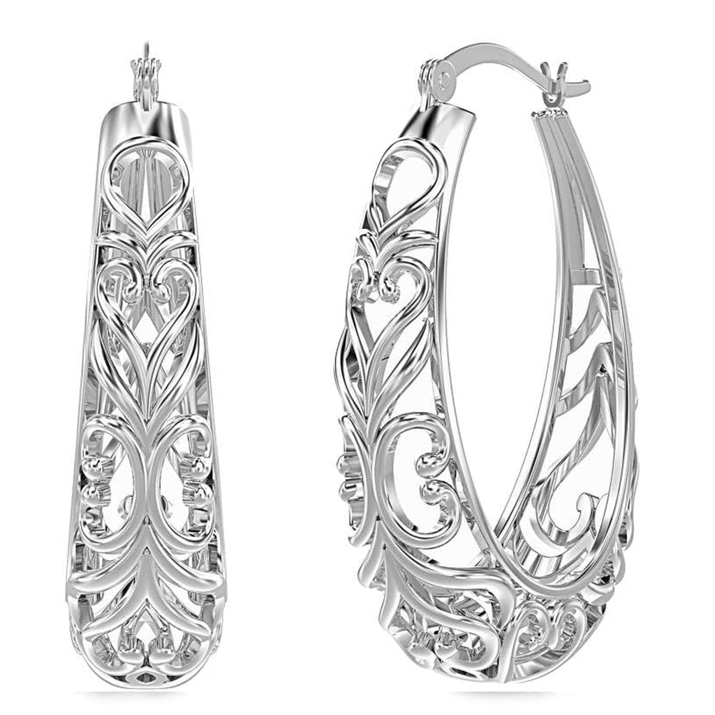 LeCalla Sterling Silver Earring Hoops for Women | Filigree Earrings | 925 Silver Hoop Earrings | Women's Filigree Hoop Earrings | 925 Silver Italian Hoops Earring | Medium Oval Hoop for Women - 32mm