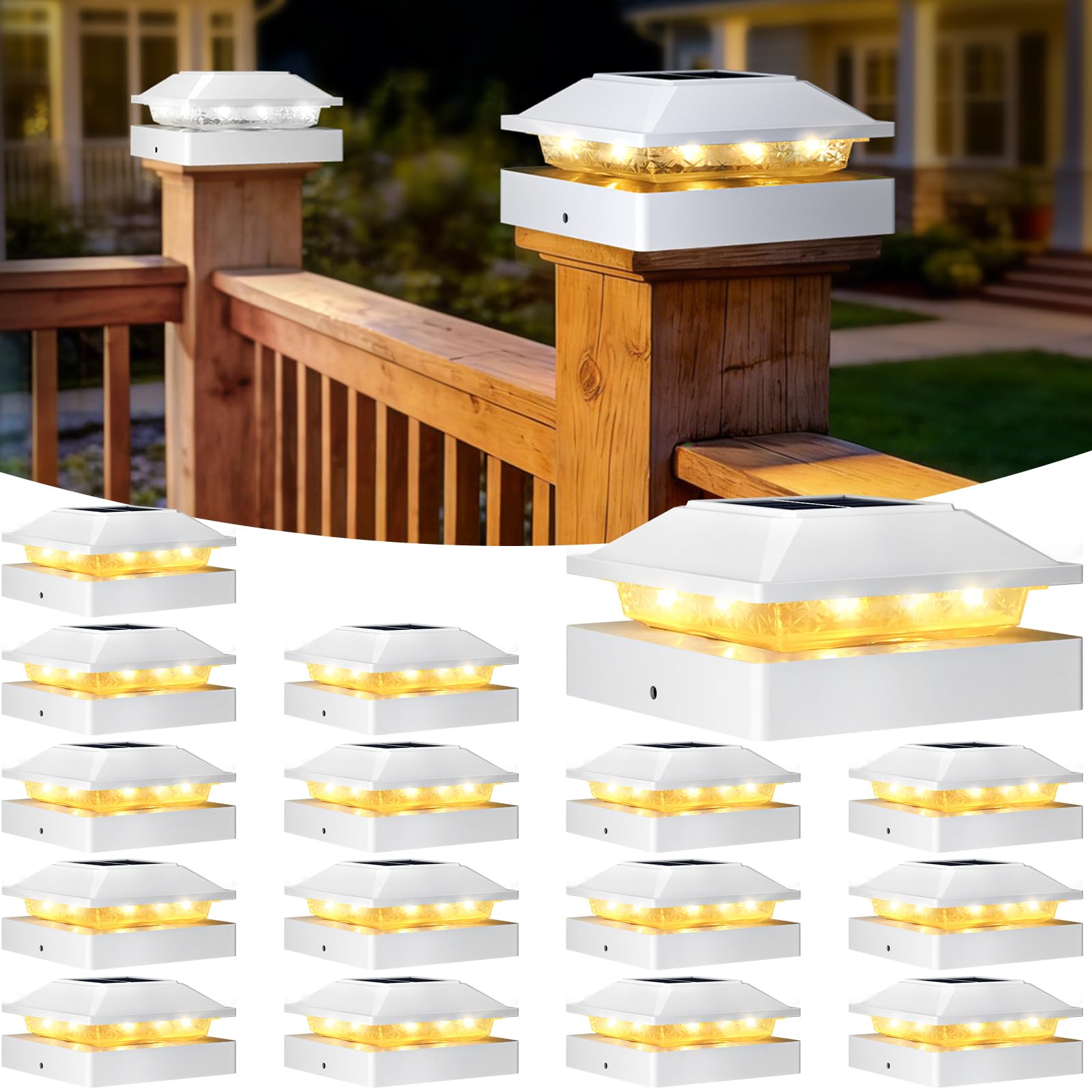 Peasur 4x4 Post Solar Lights 16 Pack, 2 Modes 16 LED Solar Post Cap Light Waterproof, Black Deck Fence Post Solar Lights Powered Outdoor, Fit 4x4 Wood/Vinyl Posts for Porch Patio