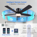 Ayaoty 52" Black Ceiling Fans with Lights and Remote - Flush Mount Fan Light with 5 Reversible Blades, 3CCT Dimmable, DC, Low Profile Ceiling Fan for Modern Indoor, Covered Outdoor