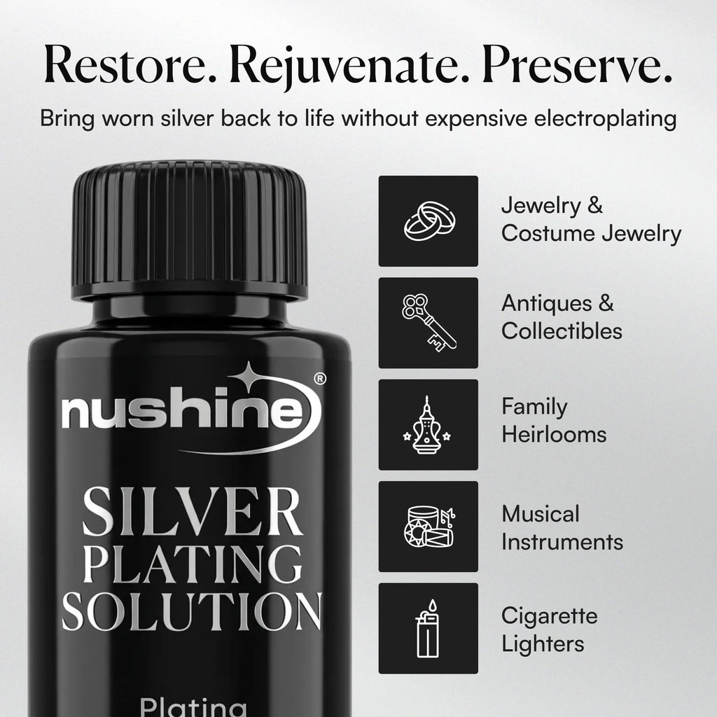 Nushine Silver Plating Solution 3.4 Oz - Permanently Plate PureSilver onto Worn Silver, Brass, Copper and Bronze ONLY (Ecofriendly Formula)