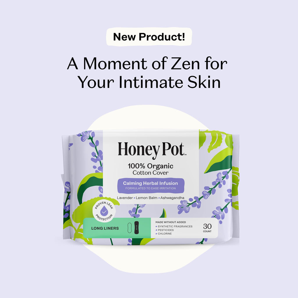 Honey Pot - Calming Long Panty Liners for Women - 100% Organic Cotton Top Sheet - Feminine Care - Non Cooling - Calming Herbs of Lavender, Ashwagandha, & Lemon Balm - 120ct