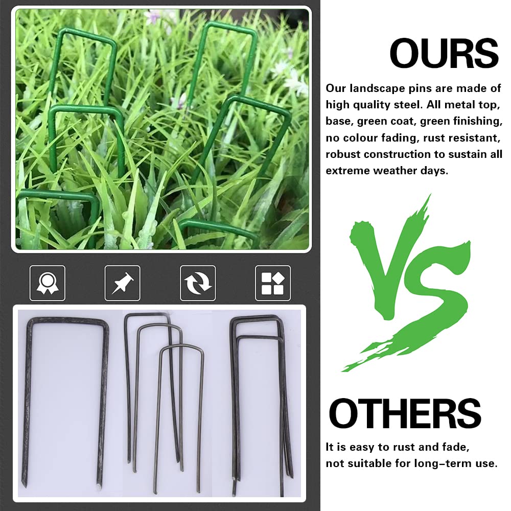 Bakulyor 100Pcs Green Landscape Staples 6 Inch Garden Artificial Turf Stakes Staples, 11 Gauge Lawn Galvanized Ground Fabric Pins for Weed Barrier Sod Decorations Holding Fence and Irrigation Tubing