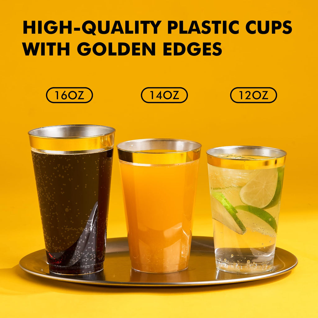 RACETOP 100 Pack 14oz Gold Rimmed Plastic Cups, Heavy Duty Disposable Glasses, Elegant Gold Rimmed Disposable Hard Cups for Party, Thanksgiving, Wine Taesting, Birthday and Christmas.