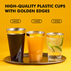 RACETOP 100 Pack 14oz Gold Rimmed Plastic Cups, Heavy Duty Disposable Glasses, Elegant Gold Rimmed Disposable Hard Cups for Party, Thanksgiving, Wine Taesting, Birthday and Christmas.