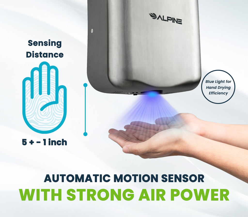 Alpine Industries 400-10-SSB Alpine Hemlock Automatic Hand Dryer - Heavy Duty Stainless Steel - Commercial High Speed Hot Air Hand Blower | 1800Watts | 110-120Volts | Quick & Easy Installation, Brushed Stainless Steel