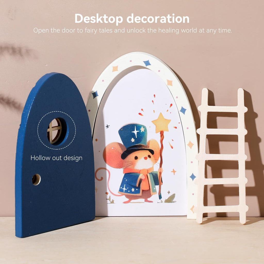 Christmas Mamimami Home Blue Wooden Magical Fairy Doors, 13cm 5.12 inch Elf Mouse Miniature Tiny Door with Ladder, Tooth Fairy Door Handmade Decorations Gifts