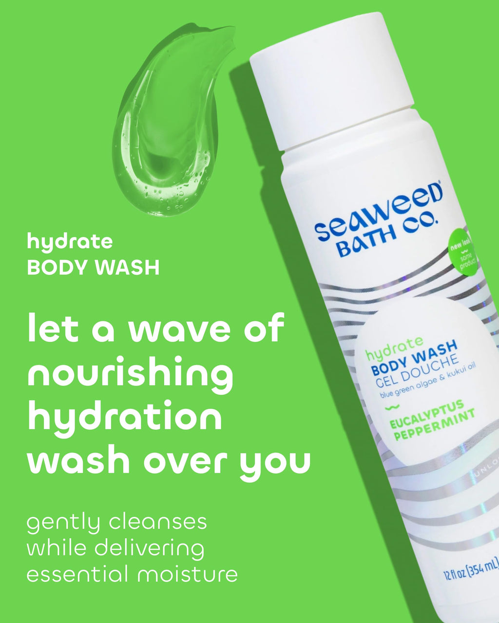 Seaweed Bath Co. Hydrate Body Wash - Eucalyptus Peppermint - Hydrating Lathering Cleanser with Nourishing Natural Ingredients - Vegan, Paraben and Sulfate Free Shower Gel - 12 oz