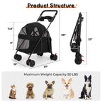 Foldable Pet Stroller for Small/Medium Pets up to 22 lbs - Lightweight 4-Wheel Design with Sun Canopy, Storage Bag & Breathable Mesh（Black