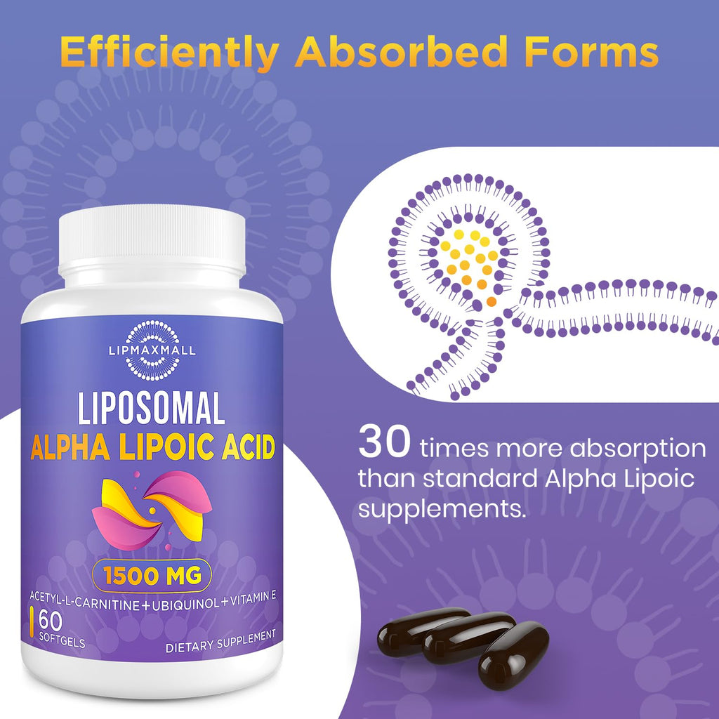 lipmaxmall Liposomal Alpha Lipoic Acid 1500mg - with Acetyl-L-Carnitine 900mg & Ubiquinol 100mg & Vitamin E 15mg，ALA Supplement for Antioxidants Glucose Metabolism Nerve Energy,60 Softgels (2 Bottle)