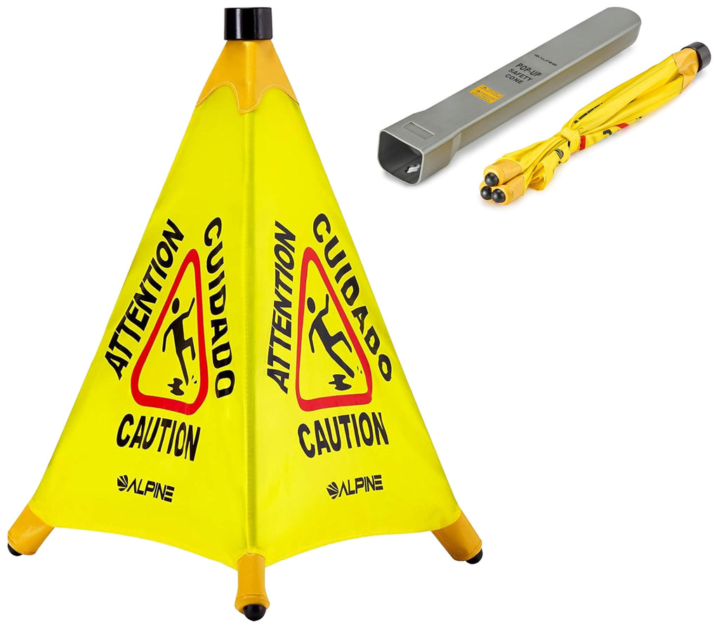 Alpine Caution Wet Floor Sign - Pop Up Slippery When Wet Sign, Wall Mounted Foldable Bilingual Yellow Safety Warning Caution Cone For Commercial & Office Use (20 Inches)