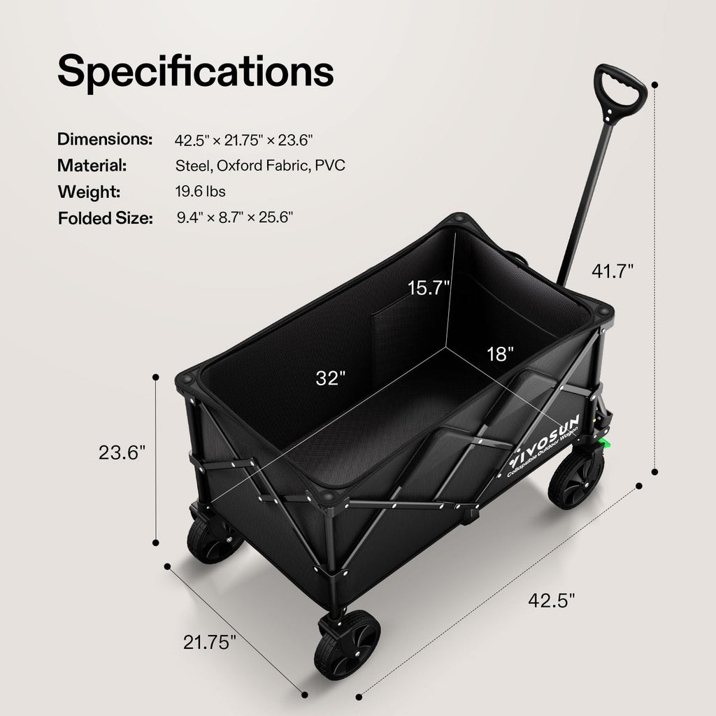 VIVOSUN Collapsible Folding Wagon, 350 lb Load-Bearing Outdoor Utility Cart with Silent Universal Wheels, Cup Holders &Side Pockets, Adjustable Handle, for Camping, Garden, Sports, Picnic, Shopping