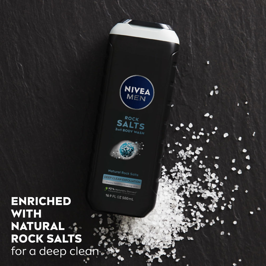 NIVEA MEN Deep Clean Rock Salts Body Wash with Scrub Particles and Natural Rock Salt, Exfoliating Body Wash for Men, Cleanses Without Drying Skin, 16.9 Fl Oz Bottle, Pack of 3