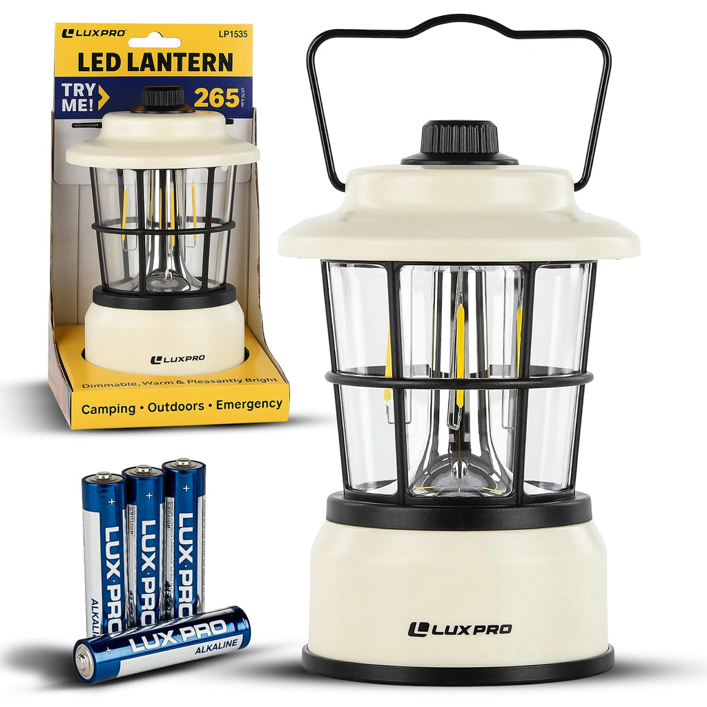 LUXPRO Retro LED Lantern - Battery-Powered Emergency Lantern - Water Resistant - Bright LED Lamp for Indoor & Outdoor Use - Use for Tents, Hiking or Hurricane Prep (Beige, Pack of 1)