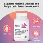 PureFormulas Prenatal Vitamins with DHA, Comprehensive Multi Vitamin & Mineral for Maternal Wellness and Baby's Healthy Development, Gluten-Free, Non-GMO, 30 Servings, 90 Softgels