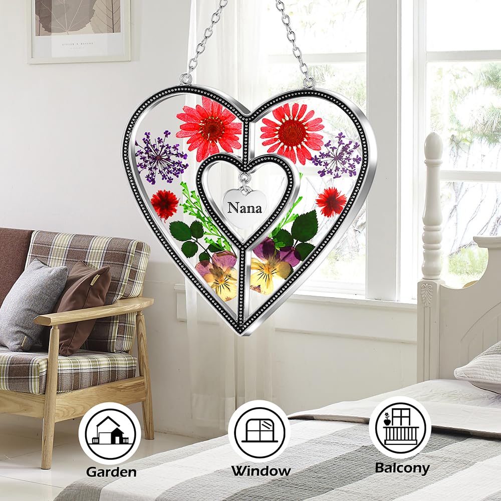KY&BOSAM Nana Gifts Heart Suncatchers Pressed Flower Glass Window Hanging