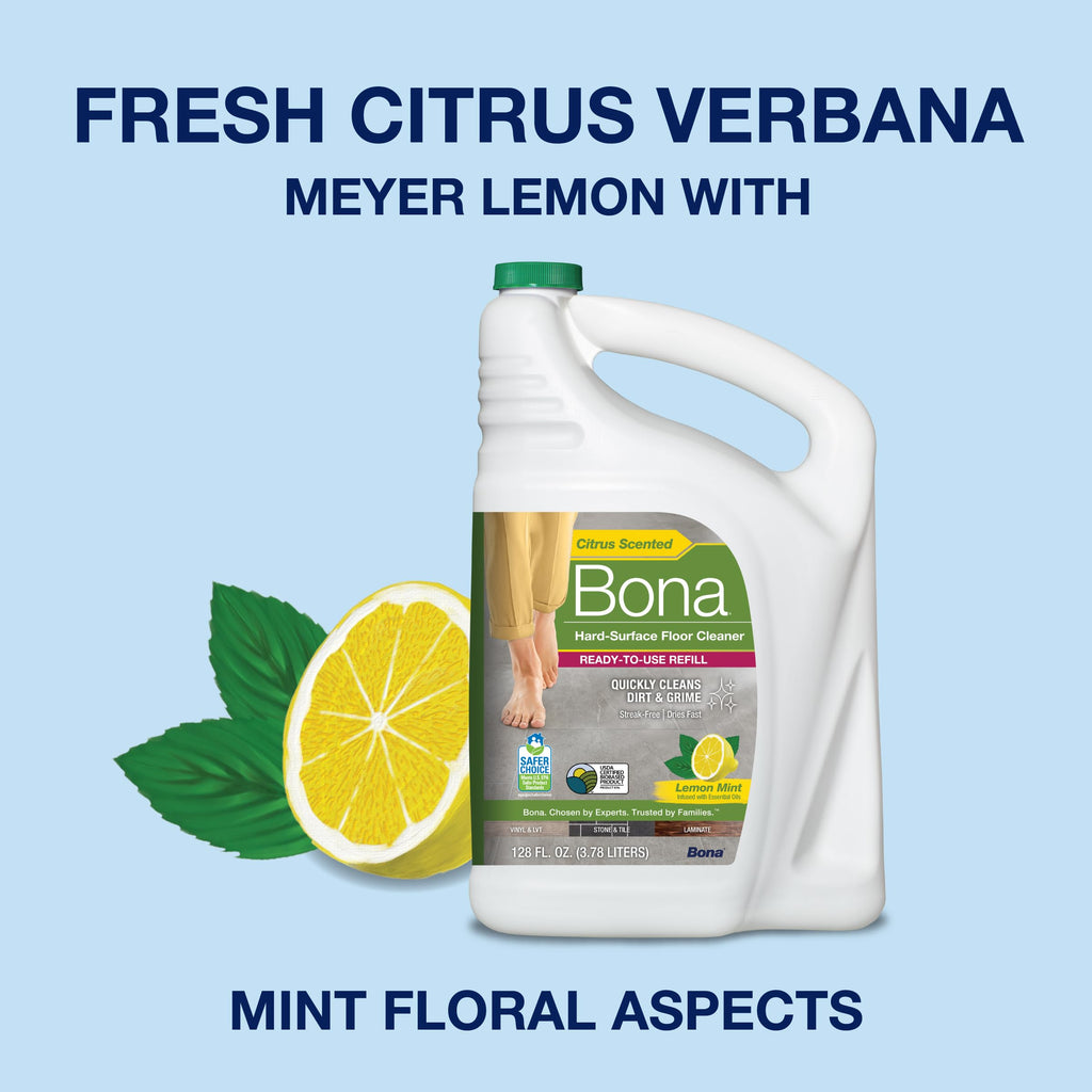 Bona Multi-Surface Floor Cleaner Refill - 128 fl oz - Lemon Mint - Residue-Free Floor Cleaning Solution refill for Spray Mop and Spray Bottles - For Use on Stone, Tile, Laminate, and Vinyl Floors