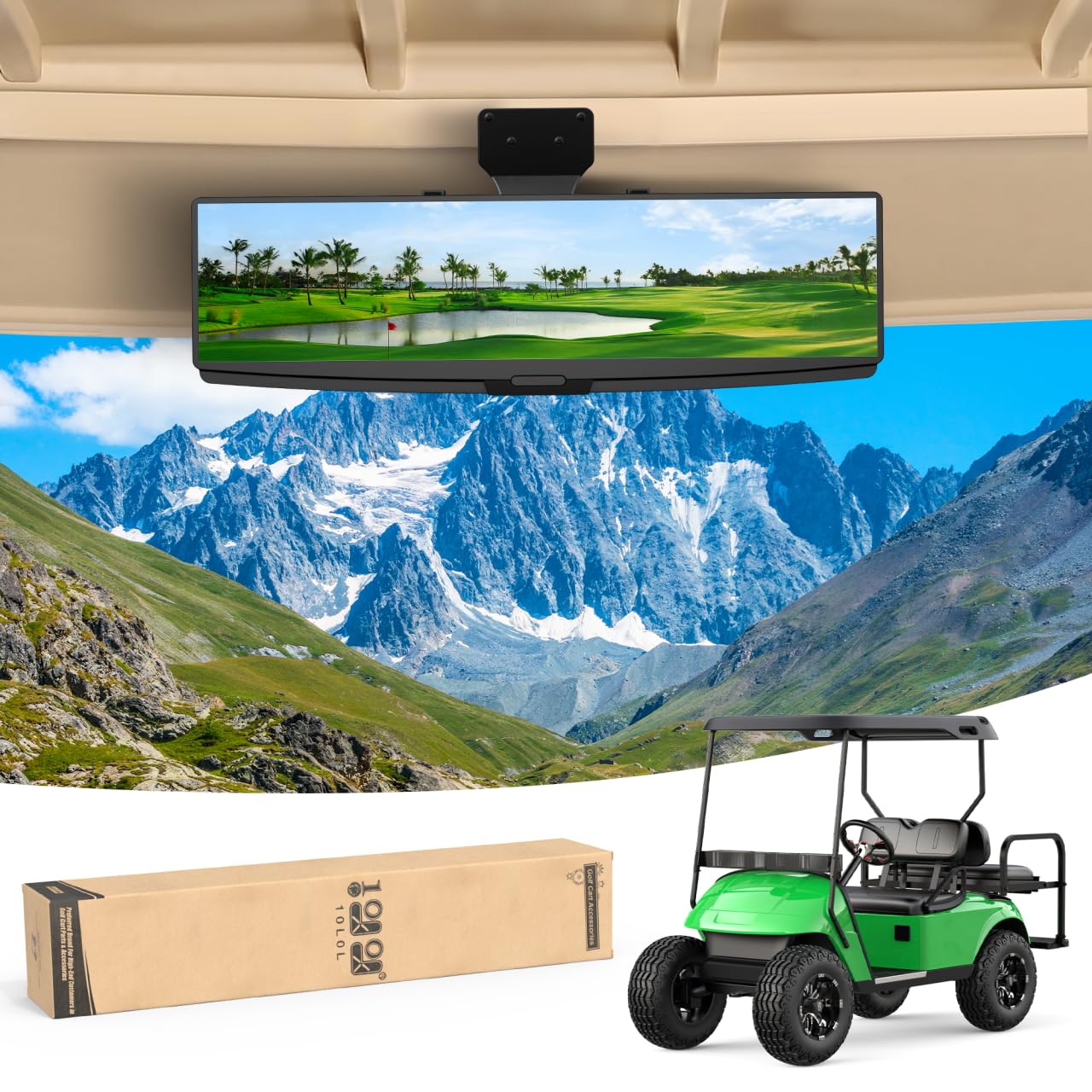 10L0L Golf Cart Mirror Rear View Extra Wide 180 Degree Panoramic for Yamaha EZGO Club Car and Others (With Light Bead)