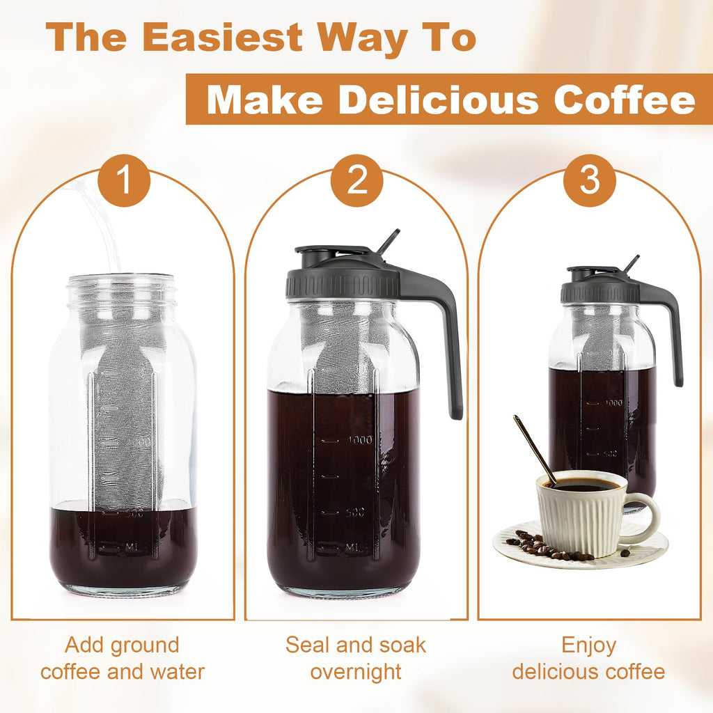 QHH Cold Brew Coffee Maker, 64 oz Mason Jar Pitcher with Stainless Steel Filter, Pour Spout Handle Lid, Airtight & Leak-Proof for Iced Coffee,Tea & Lemonade
