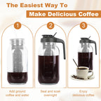 QHH Cold Brew Coffee Maker, 64 oz Mason Jar Pitcher with Stainless Steel Filter, Pour Spout Handle Lid, Airtight & Leak-Proof for Iced Coffee,Tea & Lemonade
