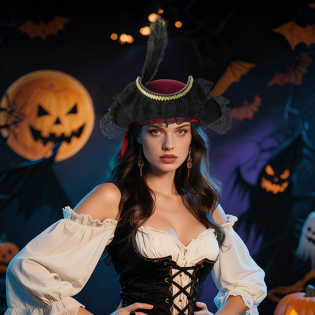 Lrvcnva Pirate Costume Hat Women,Pirate Accessories Halloween Costume,Renaissance Tricorn Hat for Adults