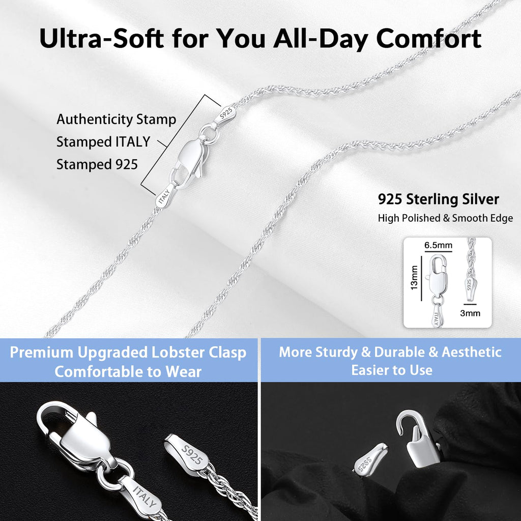 Jewlpire 925 Sterling Silver Chain Necklace for Women, 2mm Rope Chains Silver Chain for Women Sturdy Sterling Silver Necklace, Silver Chain 26 Inch