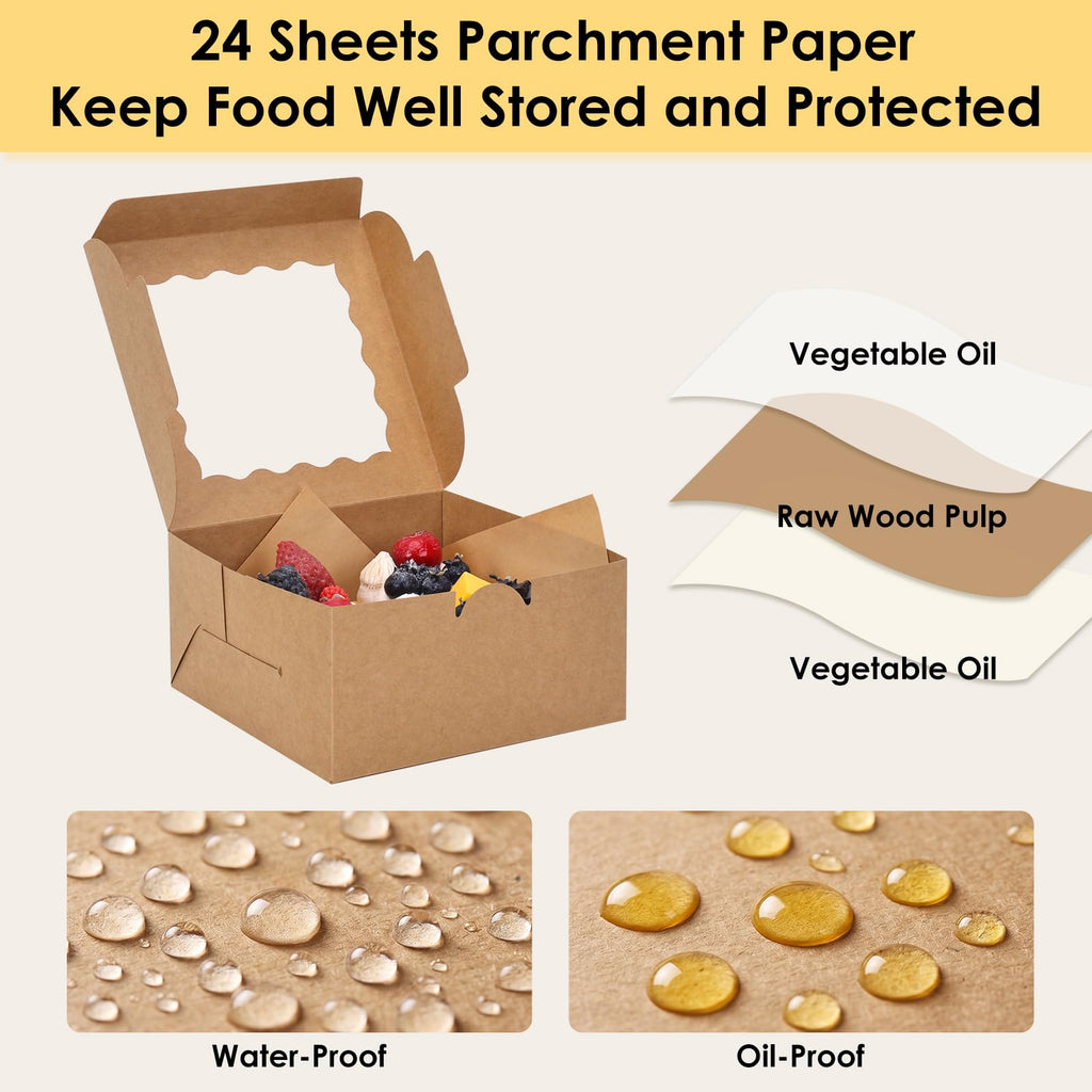 Moretoes 24pcs Cookie Boxes with Window, 6x6x3 In Brown Bakery Boxes