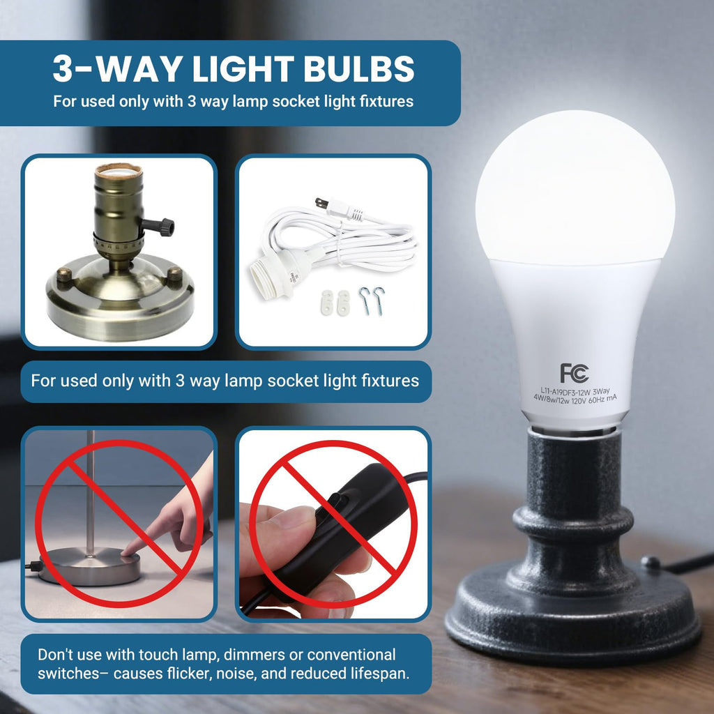 TJOY 3 Way Light Bulbs 40 60 100W Equivalent Daylight White 5000K, 2 Pack