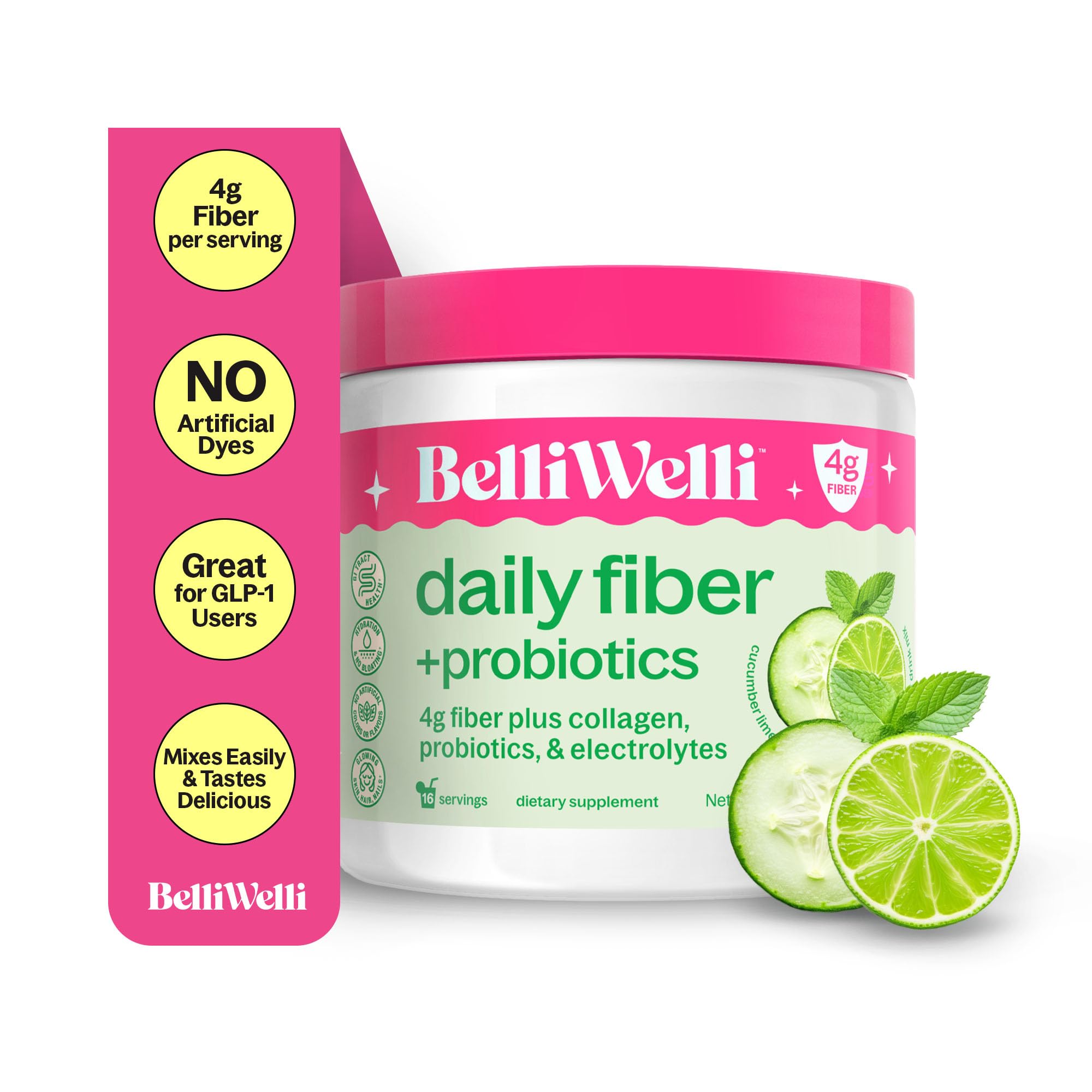 Belli Welli Fiber Supplement for Women & Men – Premium Daily Fiber Powder from Organic Acacia with Added Collagen, Electrolytes & Probiotics – No Bloat, Constipation & Gut Health Support (Cucumber)
