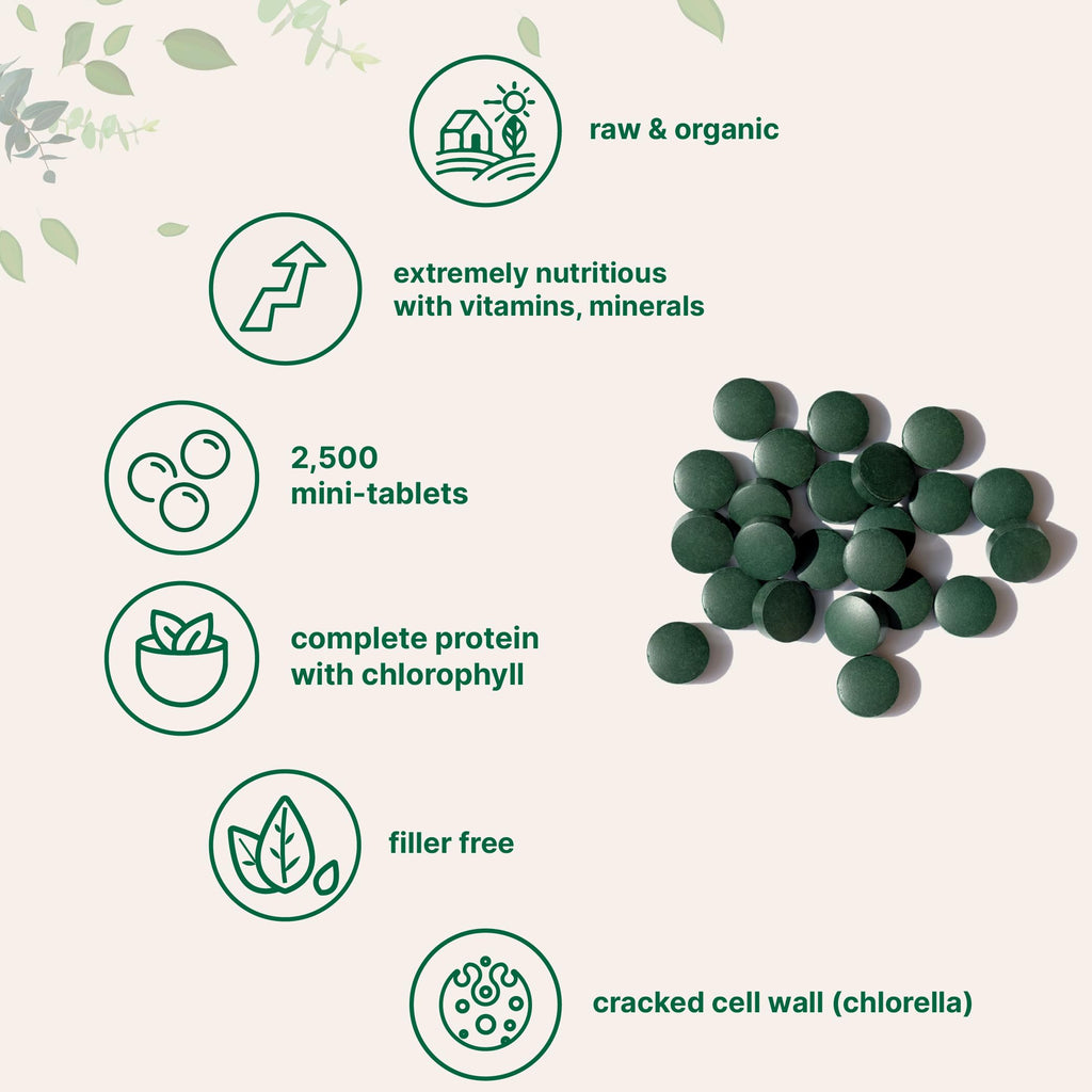 Micro Ingredients Organic Spirulina Chlorella Mini Tablets, 2,500 Tablets (8 Month Supply) | 50/50 Blend Superfood | Cracked Cell Wall for Better Absorption | Rich in Vegan Protein & Chlorophyll
