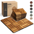 THYOI Premium Deck Tiles, Patio Flooring - Set 10 Pcs 12”x12”x0.9” Interlocking Deck Tiles, Waterproof Acacia Wood for Balcony, Backyard, Indoor & Outdoor (Golden Teak, Crossed Pattern, Square Joints)