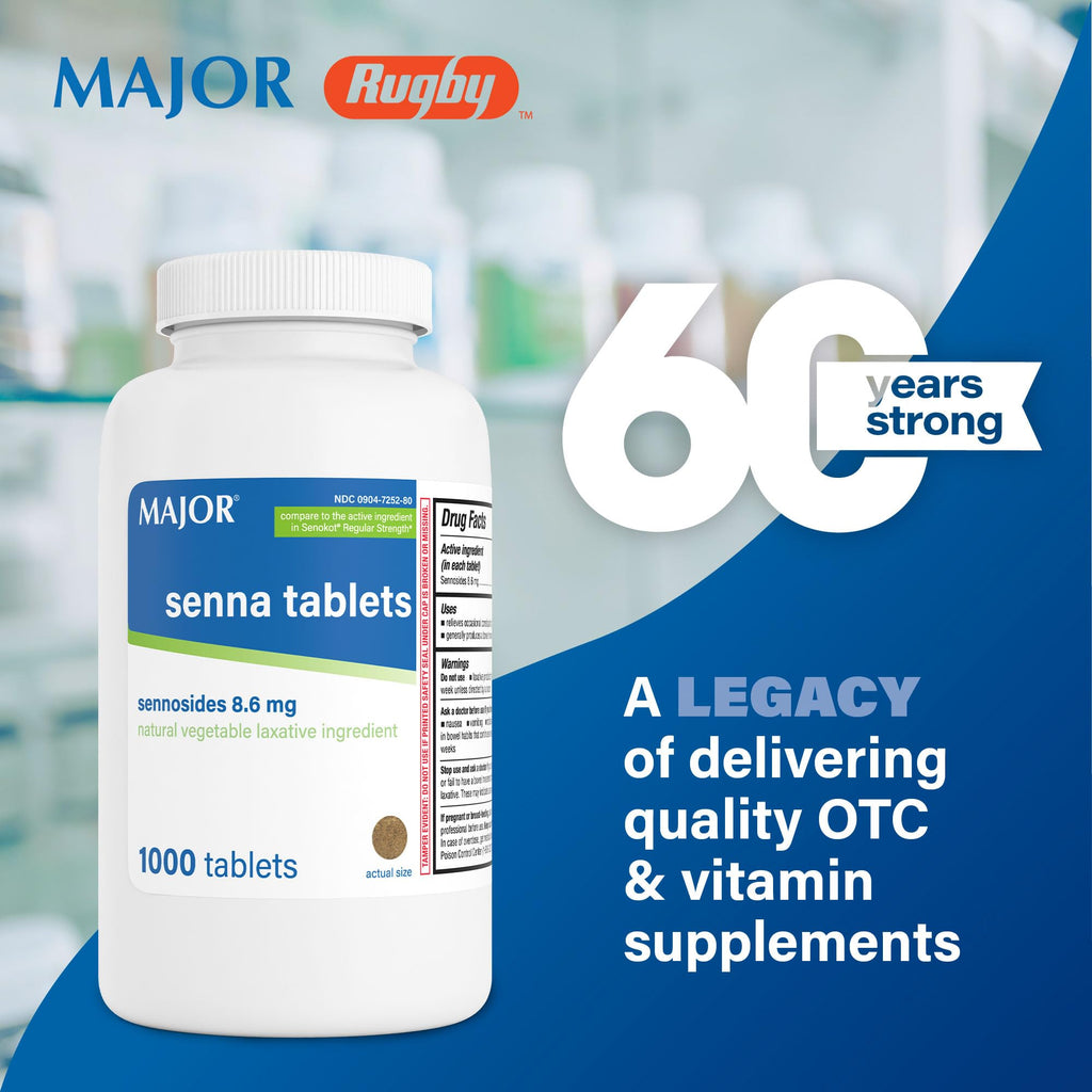 MAJOR Senna 8.6 mg Natural Vegetable Laxative Tablets - Made with Sennosides - 1000-Count (4-Pack)