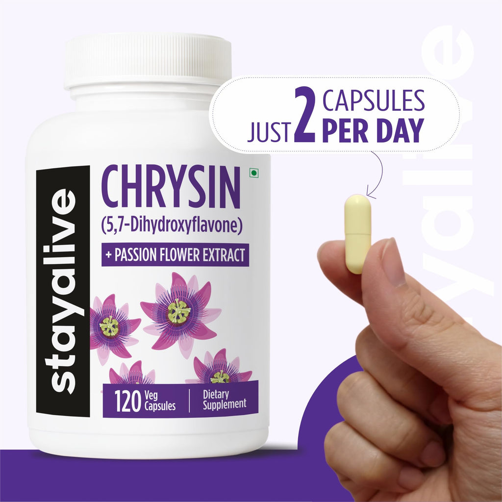 STAY ALIVE Chrysin Supplement 500mg & Passion Flower Extract Powder, 5,7-Dihydroxyflavone, Non-GMO and Gluten-Free Chrysin for Men and Women, 120 Capsules