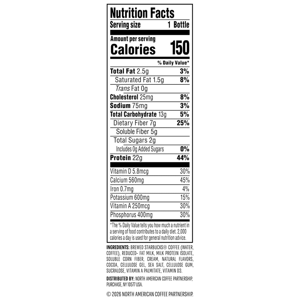 Starbucks Coffee & Protein, Caffe Mocha, 12 fl oz Bottles, (12 Pack), 22g 2g Sugar, No Added 5g Prebiotic Fiber, High Iced Coffee, Vegetarian