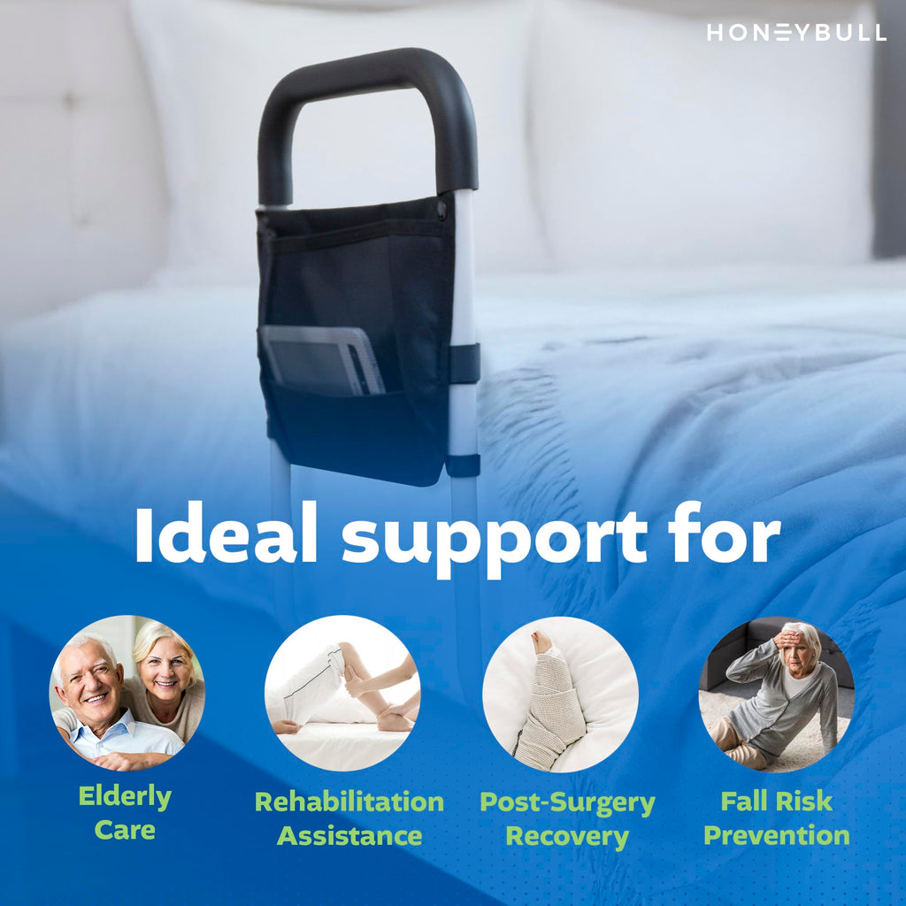 HONEYBULL Bed Rails for Elderly Adults - Medical Bed Assist Rail with Support Bar, Storage Bag & Safety Strap, Fits King, Queen, Full, and Twin Beds – Mobility Assistance for Elderly or Disabled