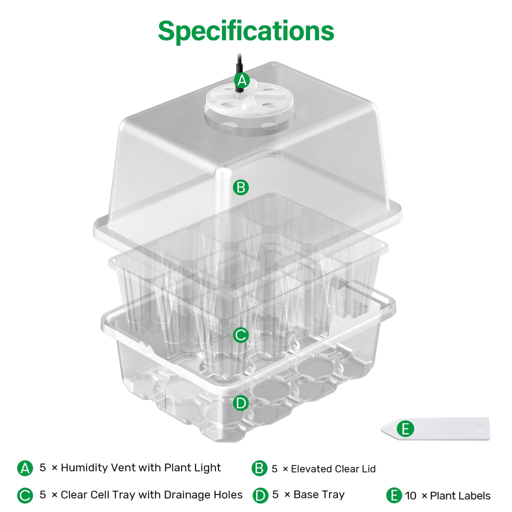 Bonviee Seed Starter Trays with 12-LED Grow Lights, Clear, 5 Pack