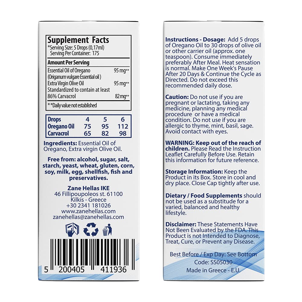 Zane Hellas 50% Oregano Oil. Greek Essential Oil of Oregano .86% Min Carvacrol. 82mg Carvacrol Per Serving. Probably The Best Oregano Oil in The World. 1 fl. oz.- 30ml