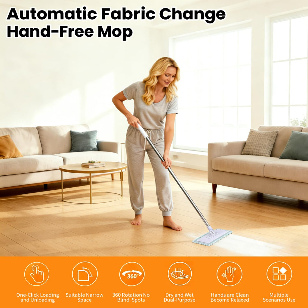 Snap Grip Mini Mop, Cloth Changing Mini Mop, 39 Inch Zero Touch Disposable Lazy Mops with 5 Refill Cloths, Wash-Free Minis Mops for Wet/Dry Floors, Tile, Corners, Home Kitchen Cleaning Essentials (1)