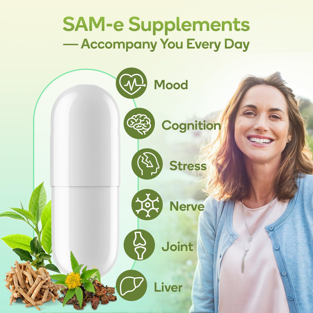 SAM-e Supplement – Capsule Complex with Ashwagandha Extract, L-Theanine, Rhodiola, St. John’s Wort, Omega-3 Fatty Acids, Magnesium, B Vitamins & D3, 60 Capsules