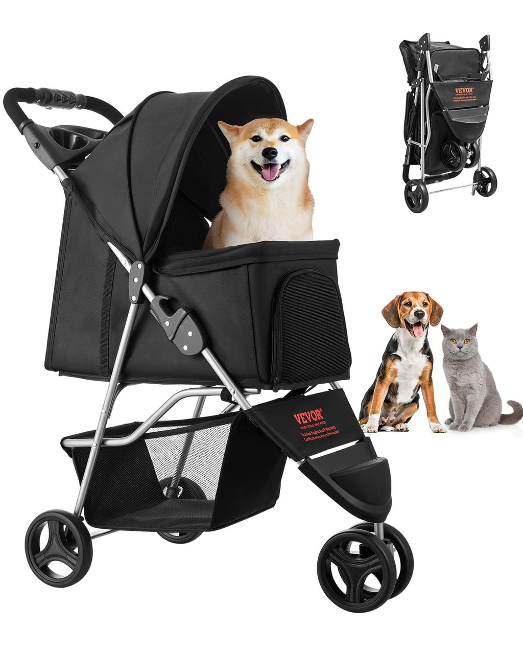 VEVOR Pet Stroller, 35 lbs Weight Capacity, Foldable Dog Cart, 3 Wheels Cats Carts with Mesh Windows and Cup Holders, Portable Pet Carrier Stroller with Brake, for Small to Medium Pets