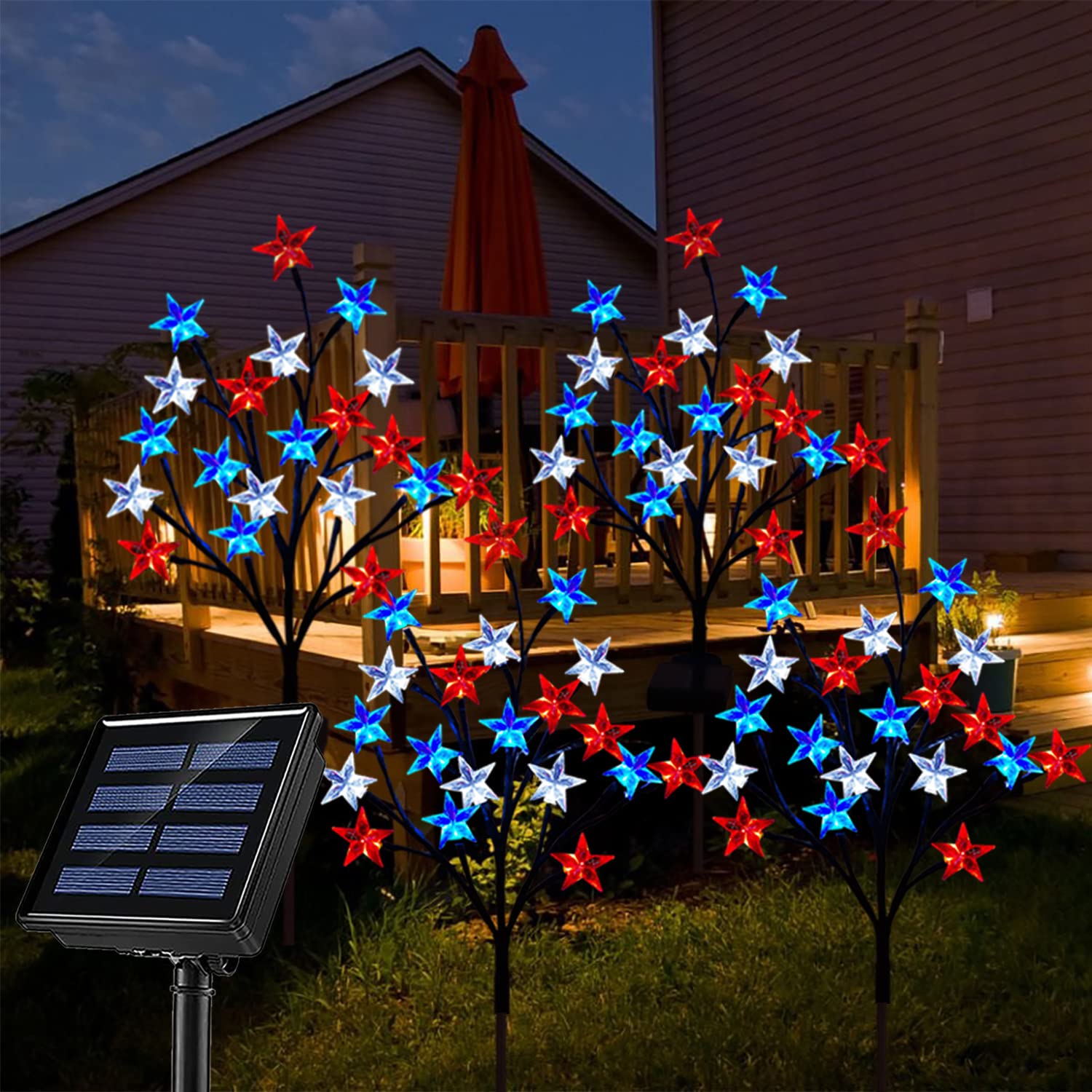 Solar 4th of July Decorations Outdoor Lights, 4-in-1 8 Modes Red White and Blue Star Stake Lights, Waterproof Solar Patriotic Decorations Outdoor for Fouth of July Memorial Day Yard Pathway Grave