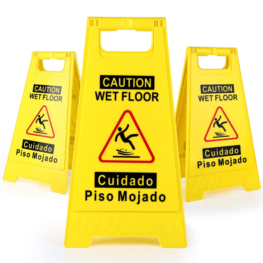 WOUSEDO 3-Pack Caution Wet Floor Sign,17.5" Height,Bright Yellow Double-Sided Folding A-Shaped Frame Design, Bilingual Caution Message