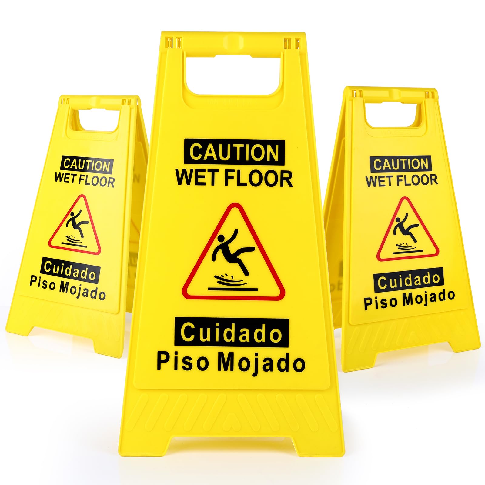 WOUSEDO 3-Pack Caution Wet Floor Sign,17.5" Height,Bright Yellow Double-Sided Folding A-Shaped Frame Design, Bilingual Caution Message