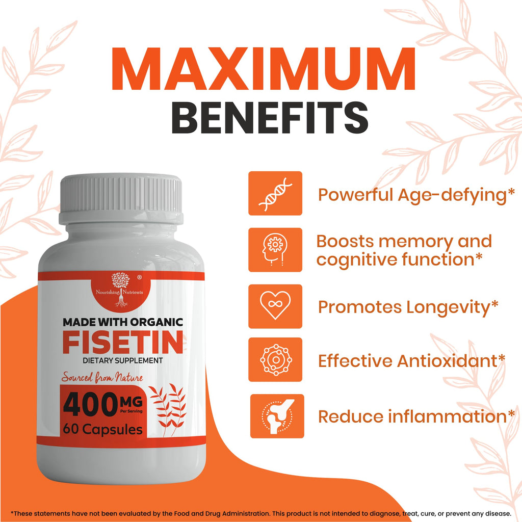Organic Fisetin Supplement Capsules 400mg -4X Stronger- Natural Bioflavonoid Similar to Apigenin, Quercetin, Luteolin - Senolytic Activator May Support Brain Health, & Age-Defying