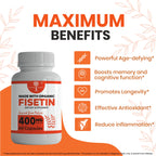 Organic Fisetin Supplement Capsules 400mg -4X Stronger- Natural Bioflavonoid Similar to Apigenin, Quercetin, Luteolin - Senolytic Activator May Support Brain Health, & Age-Defying