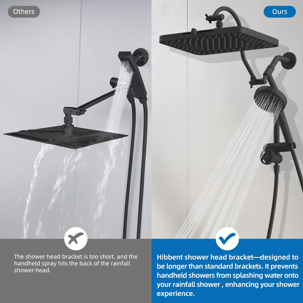 Hibbent cUPC Certified 13'' Shower Head Combo, High Pressure 5 Spray Rainfall Showerhead, 10 Spray Mode Handheld, All Metal Easy Reach 4-way Diverter Arm with Pause Mode, 71'' Hose and Holder, Black